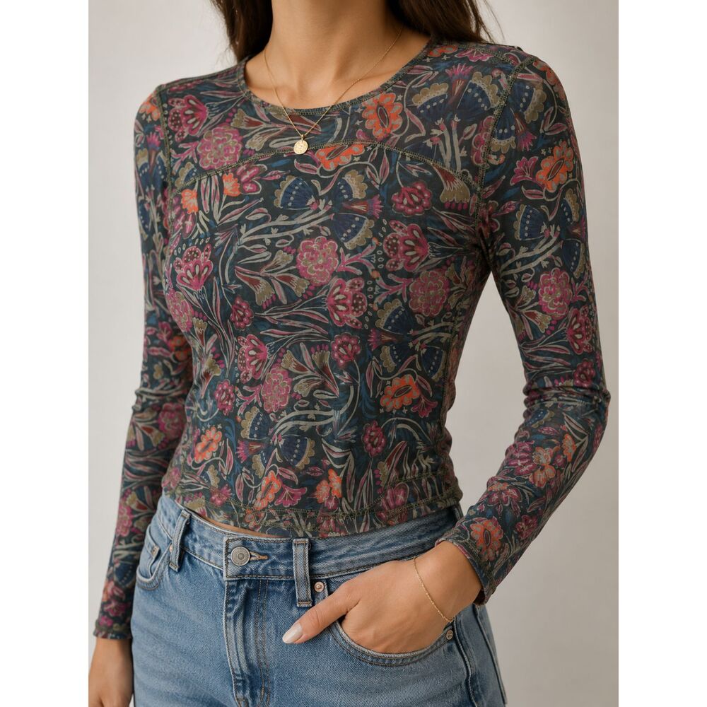 Natural Life Floral Mesh Long Sleeve Top Large Boho Cottagecore Fairy Grunge